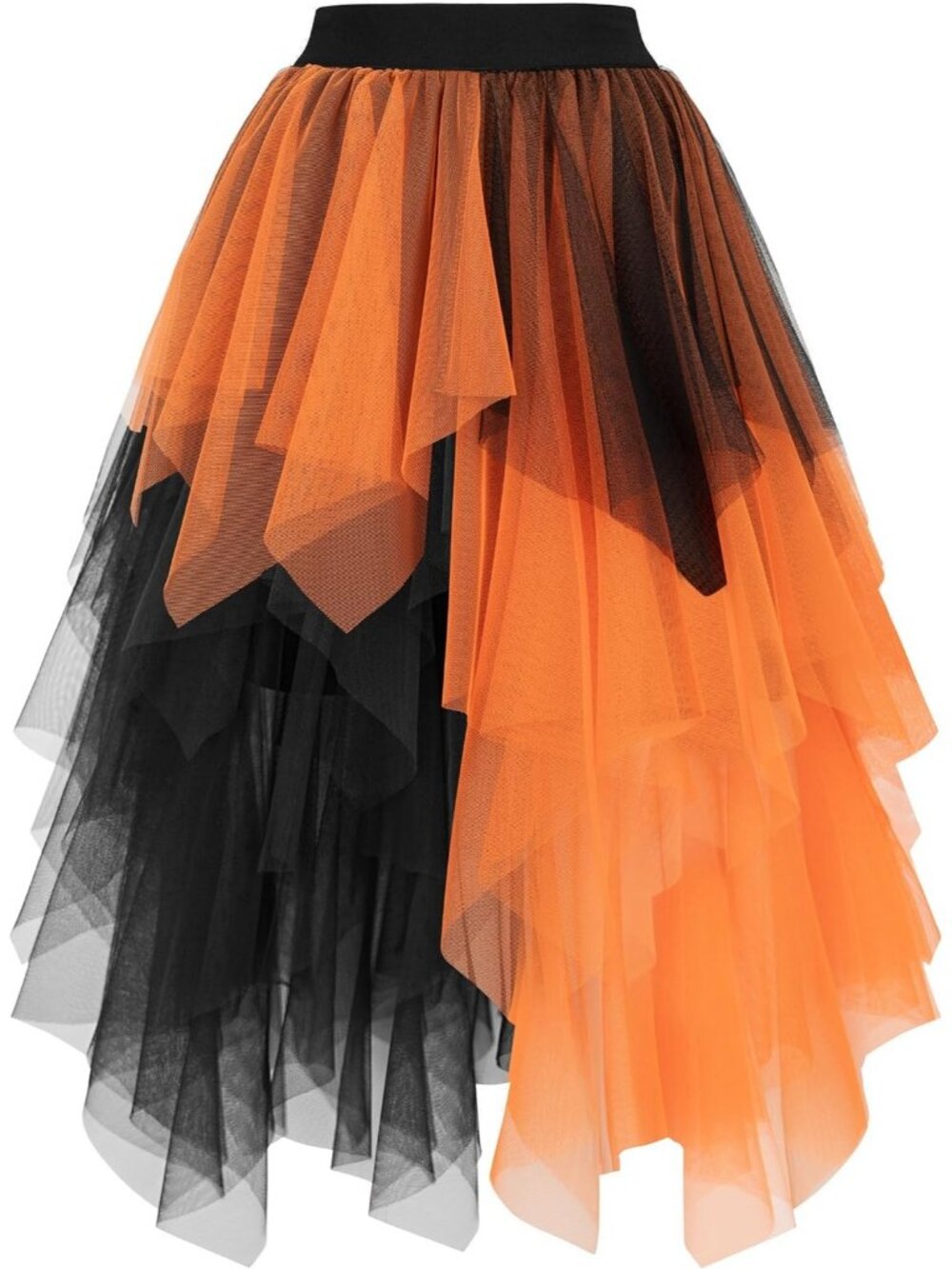 Women's Layered Tulle Midi Skirt High Low Puffy Fairy Tutu Skirt-Black Orange